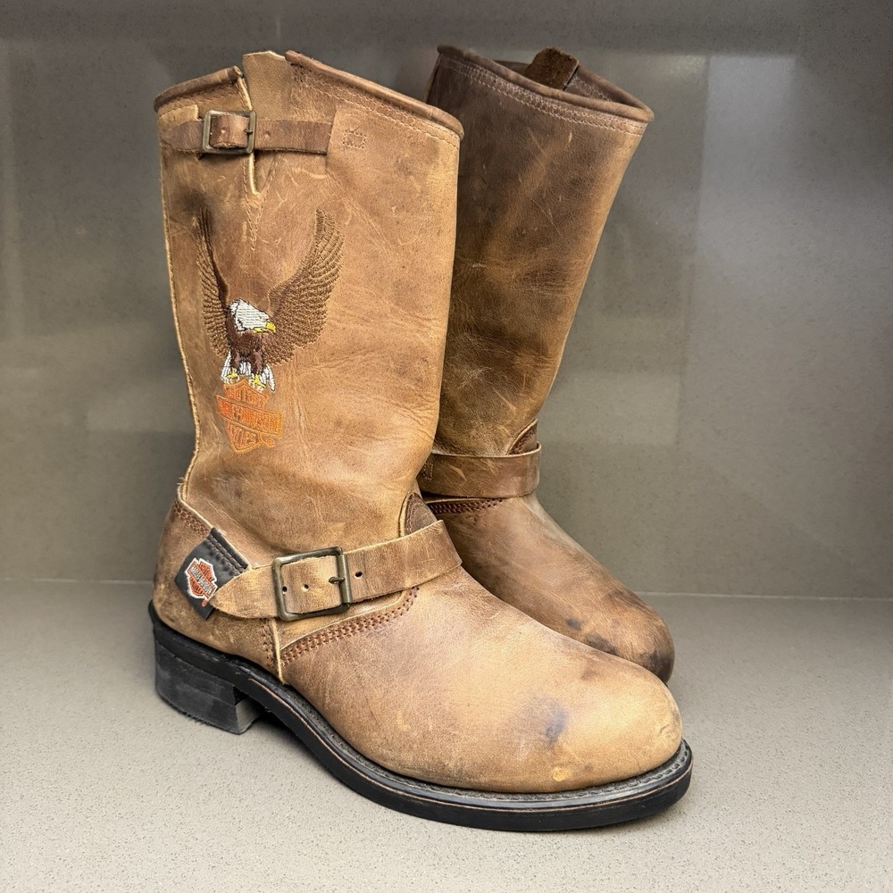 Vtg Made in USA Harley Davidson 8653 Eagle Harness Boots Mens 8 W Steel Toe